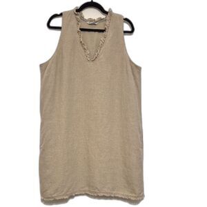 Tommy Bahama Linen Shift Dress XL Beige Sleeveless Ruffle Neck Pockets Casual